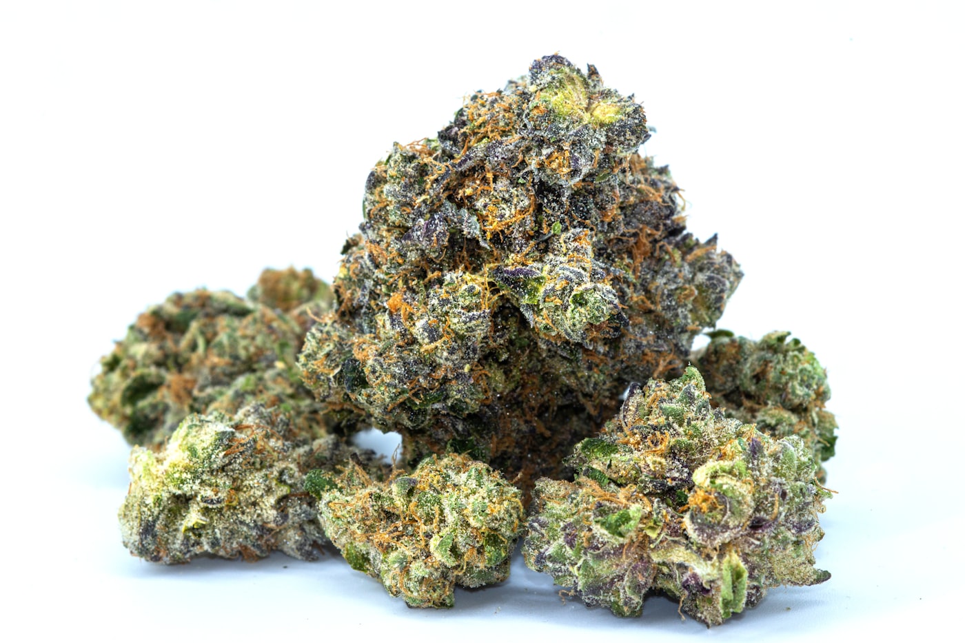 Cannabis buds up close, showing indica and sativa flower